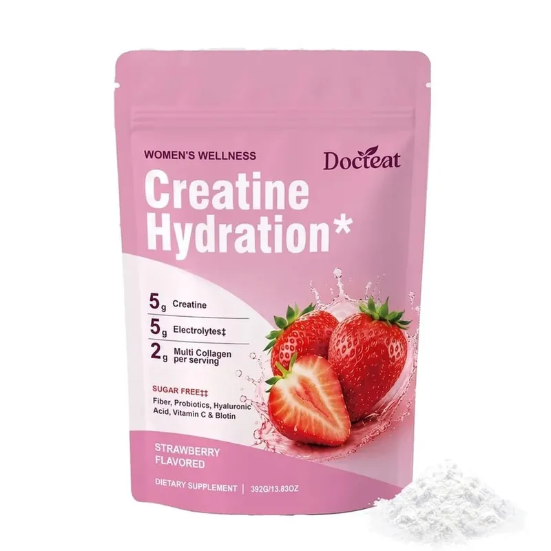 Docteat creatina em pó eletrólitos colágeno vitamina c biotina açúcar livre sabor morango feminino fitness bem-estar 30 porções