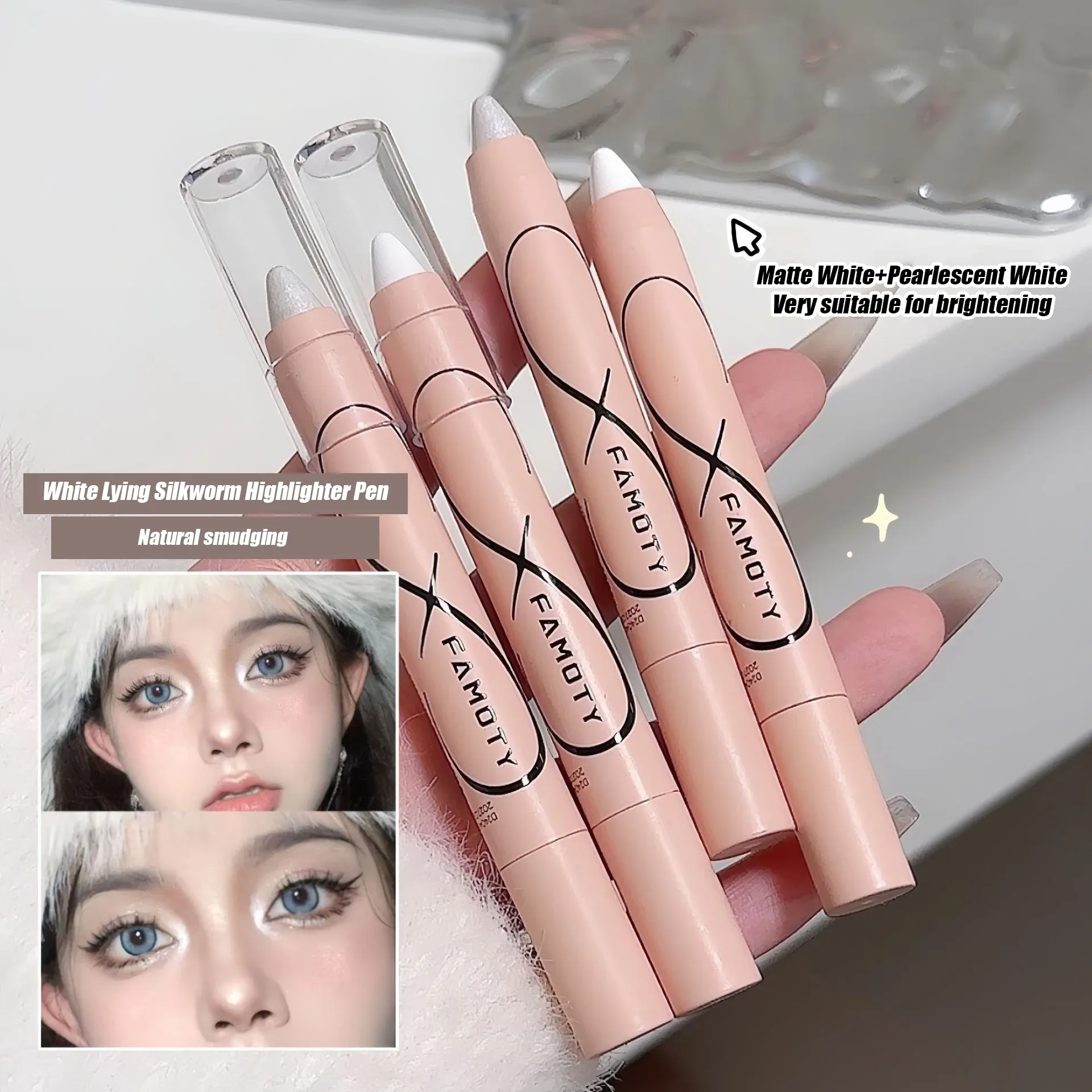 Pérola deitado seda iluminador caneta sombra de olho fosco glitter sombra vara branco perolado brilho delineador cosméticos