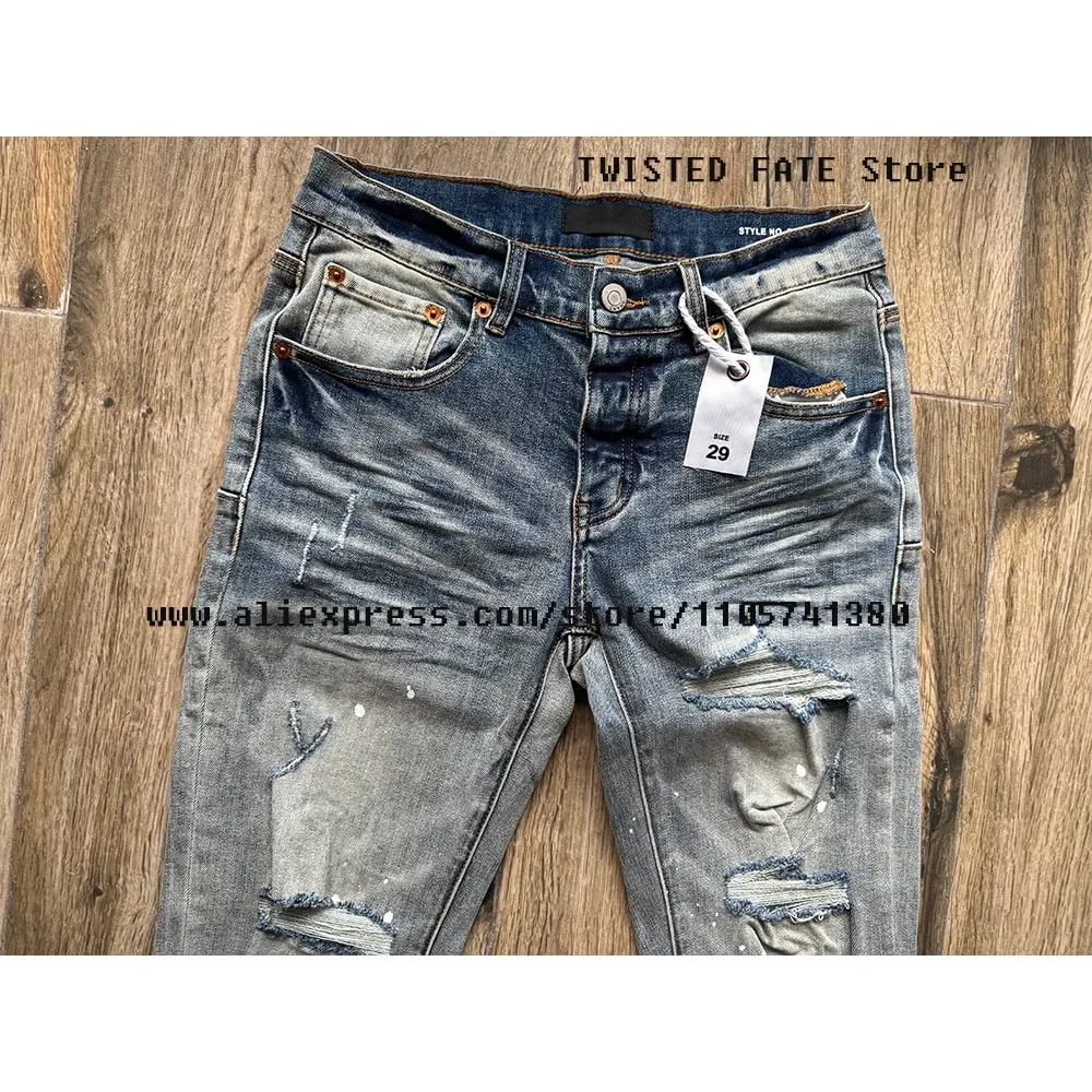 American High Street Quality Distressed Washed Light Blue Destroyed Holes Stretch Skinny & Slim Fit Spray Painted Ripped Jeans