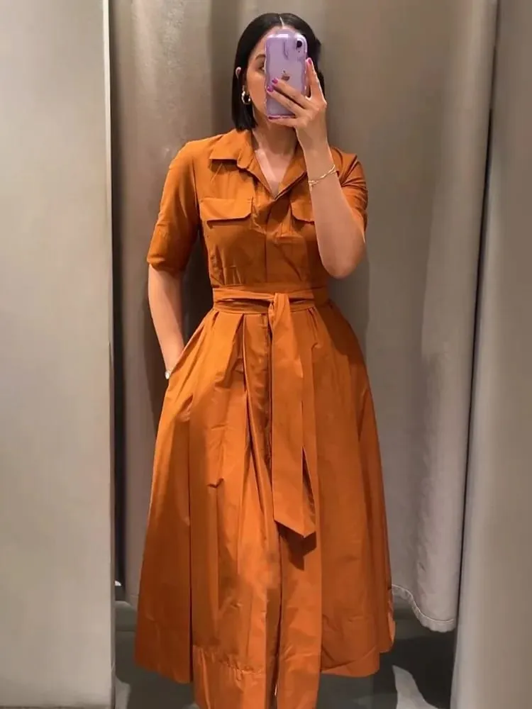 HH女裝夏季翻領短袖口袋單排扣腰帶裝飾中長連身裙女時尚襯衫風格百褶連身裙
