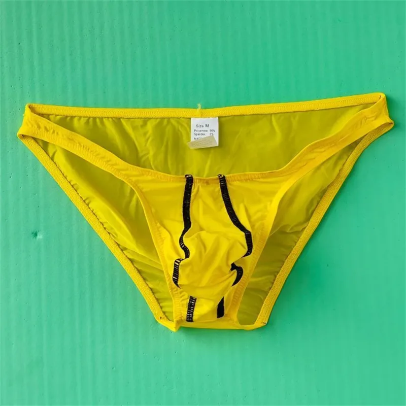 Two Line Stripe Ice Silk Briefs for Men Plus Size Underwear Sexy U Convex Lingerie Low Waist Bugle Pouch Male Panties
