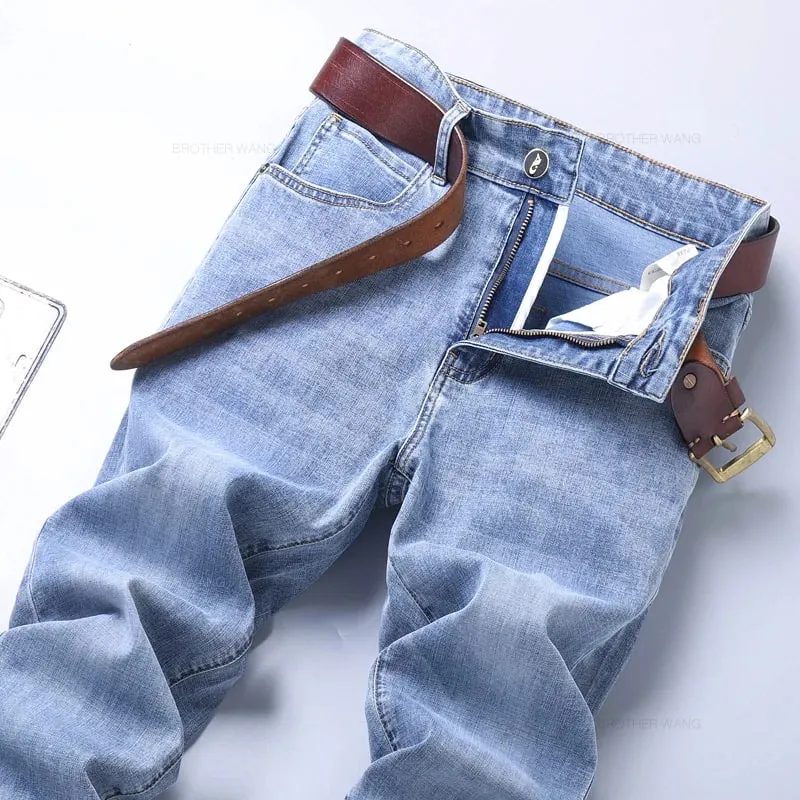 Primavera masculina luz azul magro jeans elegante casual estiramento tecido denim calças clássicas fumaça cinza