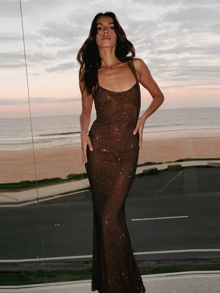 Sexy gola quadrada malha retalhos diamantes vestido longo feminino sem costas brilhante strass vestidos finos festa de noite vestidos de cocktail — image 2