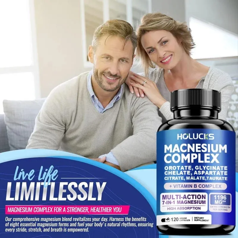 Suplemento de Complexo de Magnésio 1000mg com Vitaminas C E B1 B2 B6 B12 Quelatado Magnésio Glicinato Malato Taurato e Citrato