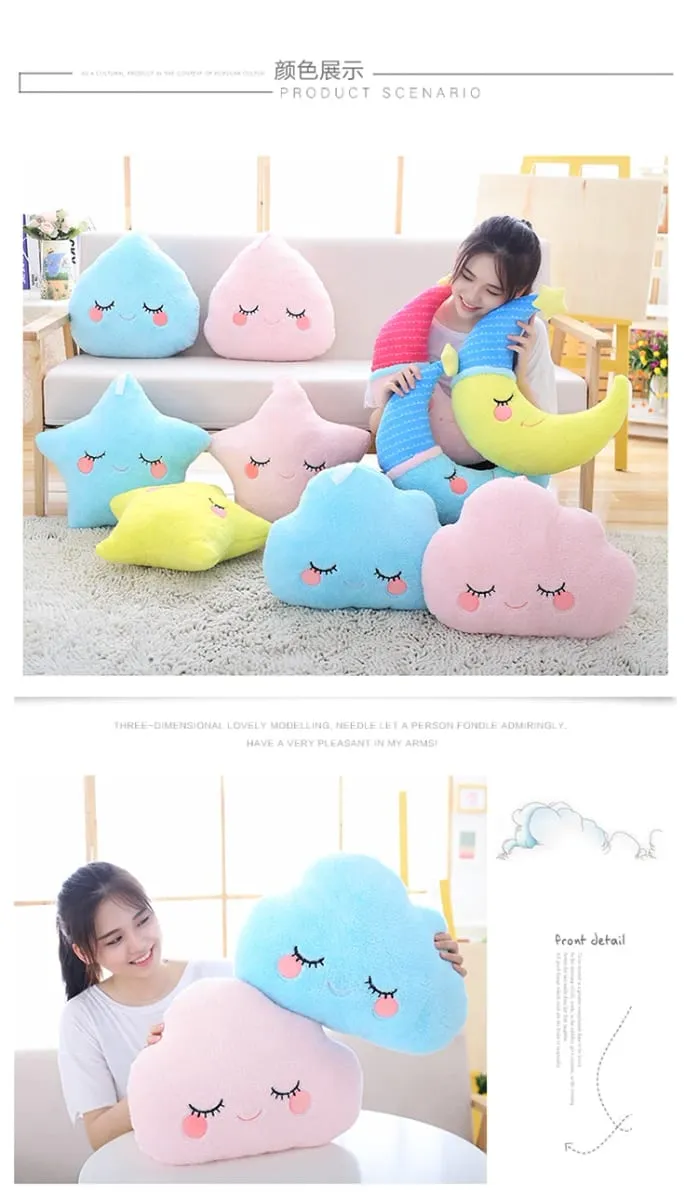 Fantástico estrela nuvem lua arco-íris travesseiro de pelúcia céu natural almofada amarelo rosa azul tímido emoção plushie decoração presente