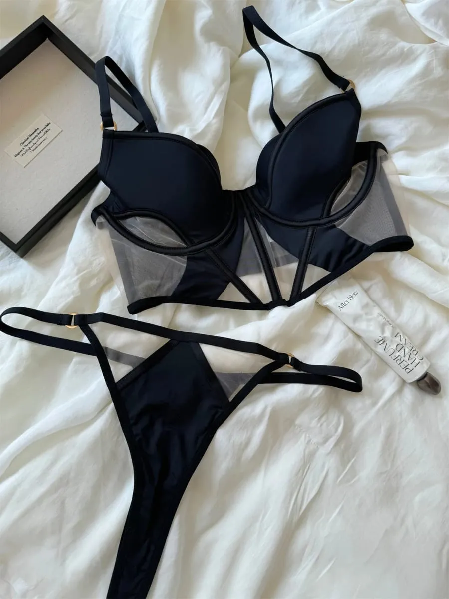 Fishbone large breasts lingerie with underpants suit top support lace thin mesh gathered underwear sexy bra set — image 2
