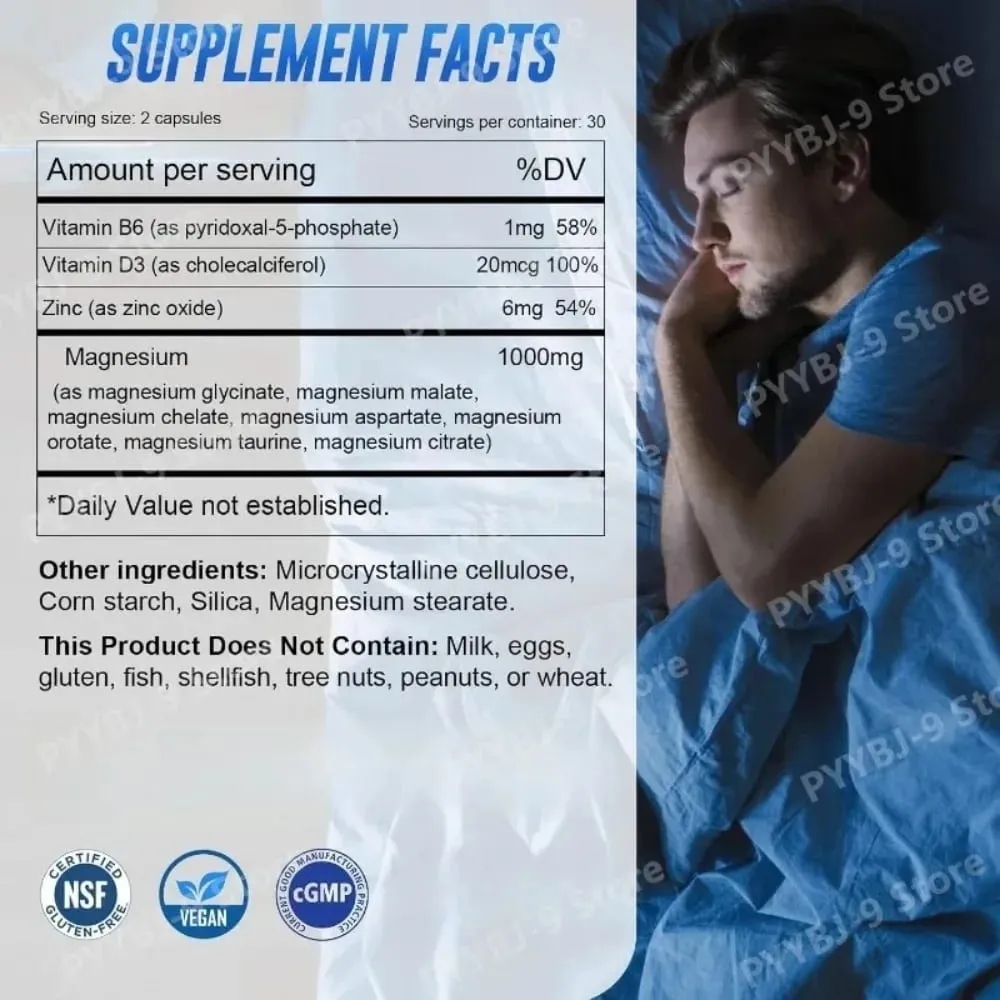 Magnesium 7-Complex Capsules 1000mg with B6 D3 Zinc High Absorption Vegan Formula for Muscle Nerve Bone Heart Support 60 Count