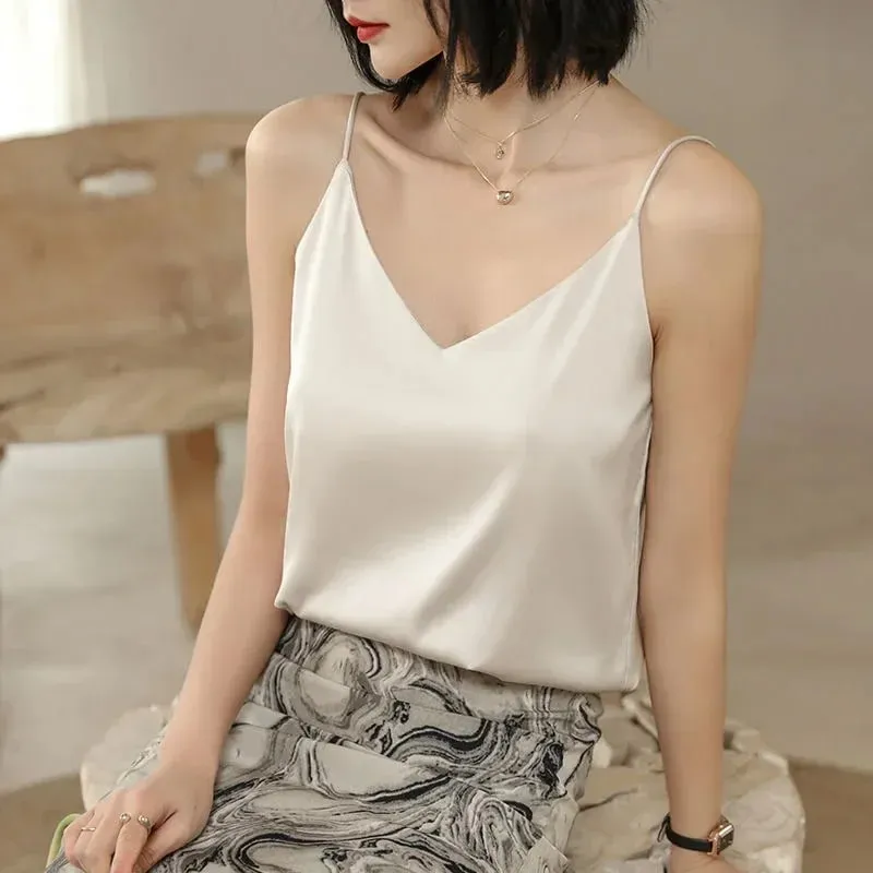 2026 Spaghetti Strap Top Women Halter V Neck Basic White Cami Sleeveless Satin Silk Tank Tops Women's Summer Camisole Crop Top — image 9
