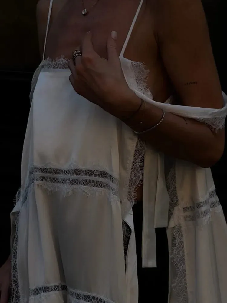 Sexy sólido rendas retalhos vestido feminino sem mangas estilingue alta divisão oco para fora vestidos senhora 2026 férias de verão feminino robe