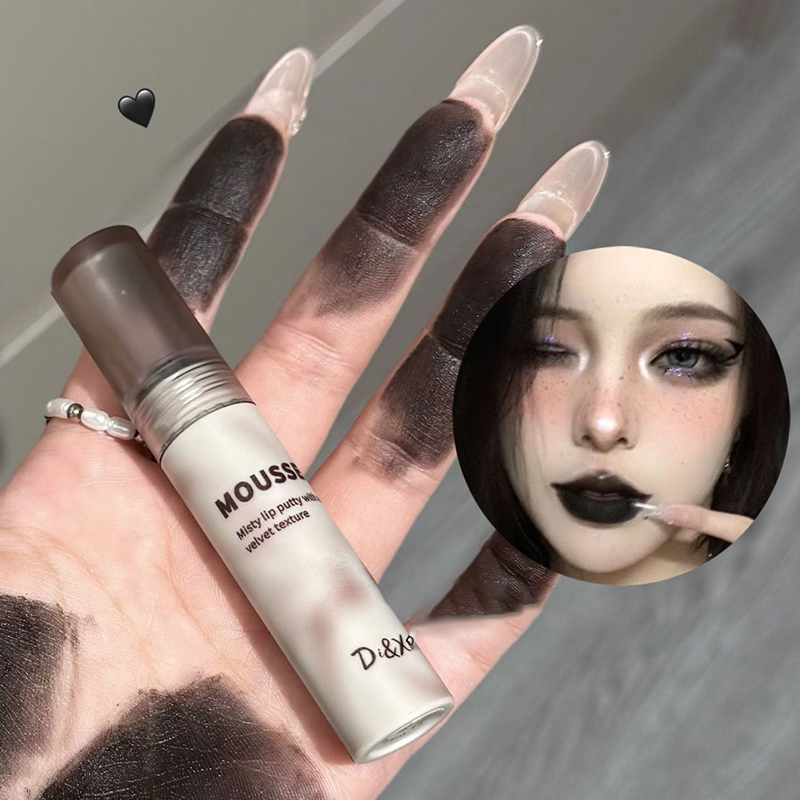 Batom gótico fosco preto à prova d'água, mousse, lama, nude, marrom, escuro, roxo, punk, brilho labial, maquiagem antiaderente
