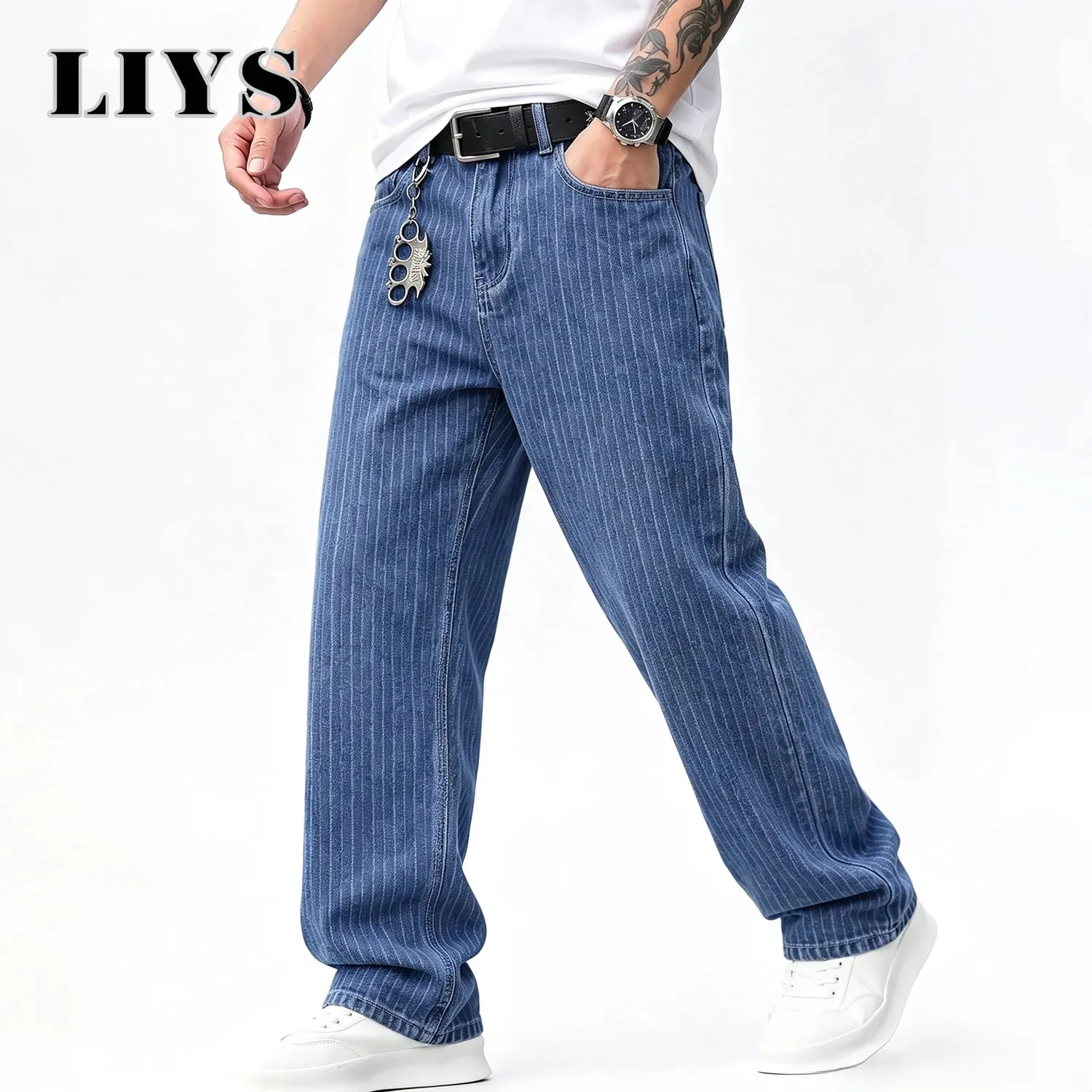 Men Vertical Thin Stripe Jacquard Baggy Denim Pants Classic Blue Loose Wide Leg Straight Leg Vintage Washed Jeans