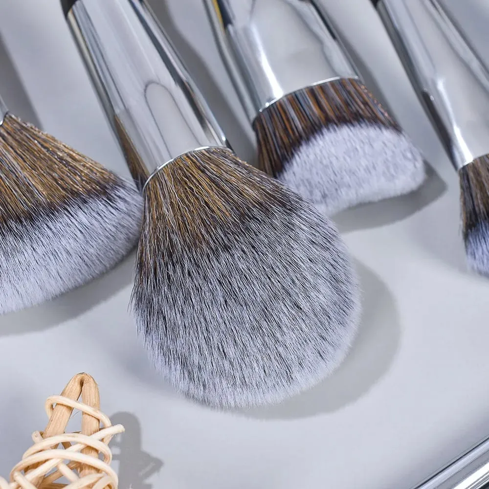 Pincéis de maquiagem pretos, rótulo privado, base em pó, blush, sombra, conjunto de pincéis de cabelo natural, atacado, 5 conjuntos