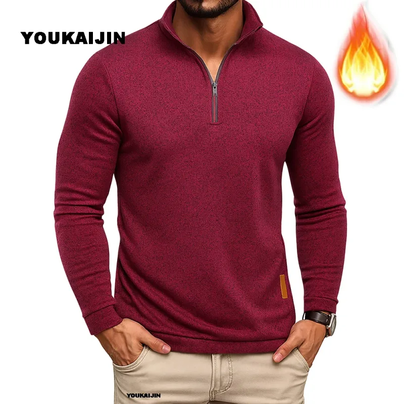 Moletom masculino primavera mais grosso pulôver quarto zíper pulôver para masculino com capuz ao ar livre sweatshir outono cor sólida gola alta