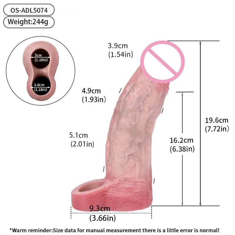 Luva reutilizável para pênis com cabeça fechada realista e anel peniano para ampliação do pênis, atraso na ejaculação, brinquedos sexuais para homens