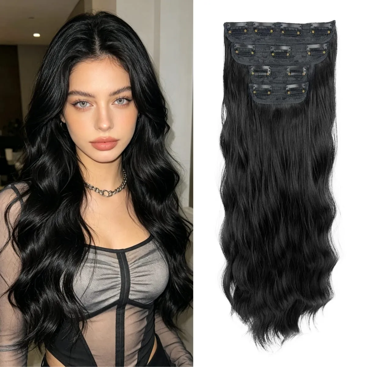 Conjunto de 4 peças de extensões de peruca sintética feminina, longo, ondulado, grosso, peças de peruca volumosa
