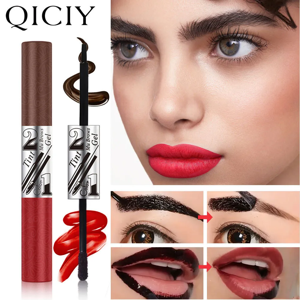 Batom 2 em 1, creme para sobrancelha, duas cabeças, sexy, brilho labial, contorno suave, à prova d'água, longa duração, maquiagem labial