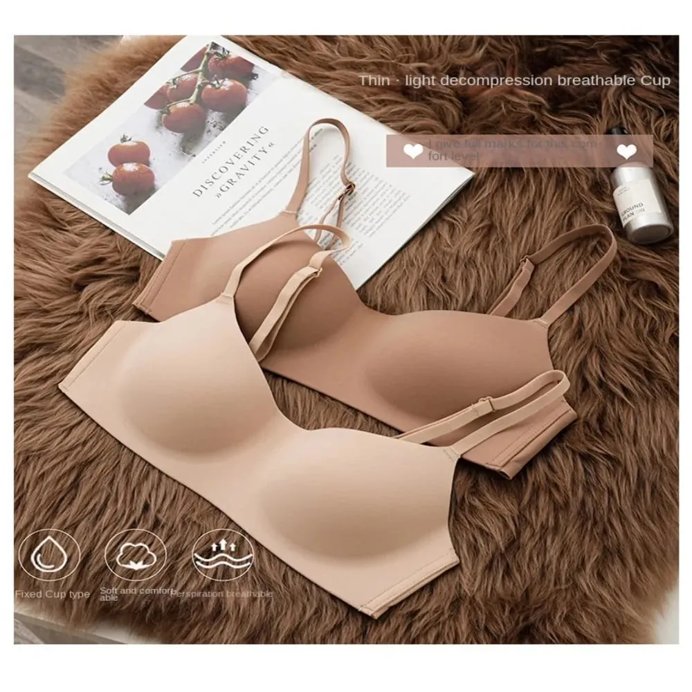 Sutiã sem fio macio e confortável, tecido respirável, copo fino, push up, design reunido, tubo sem fio, lingerie, beleza