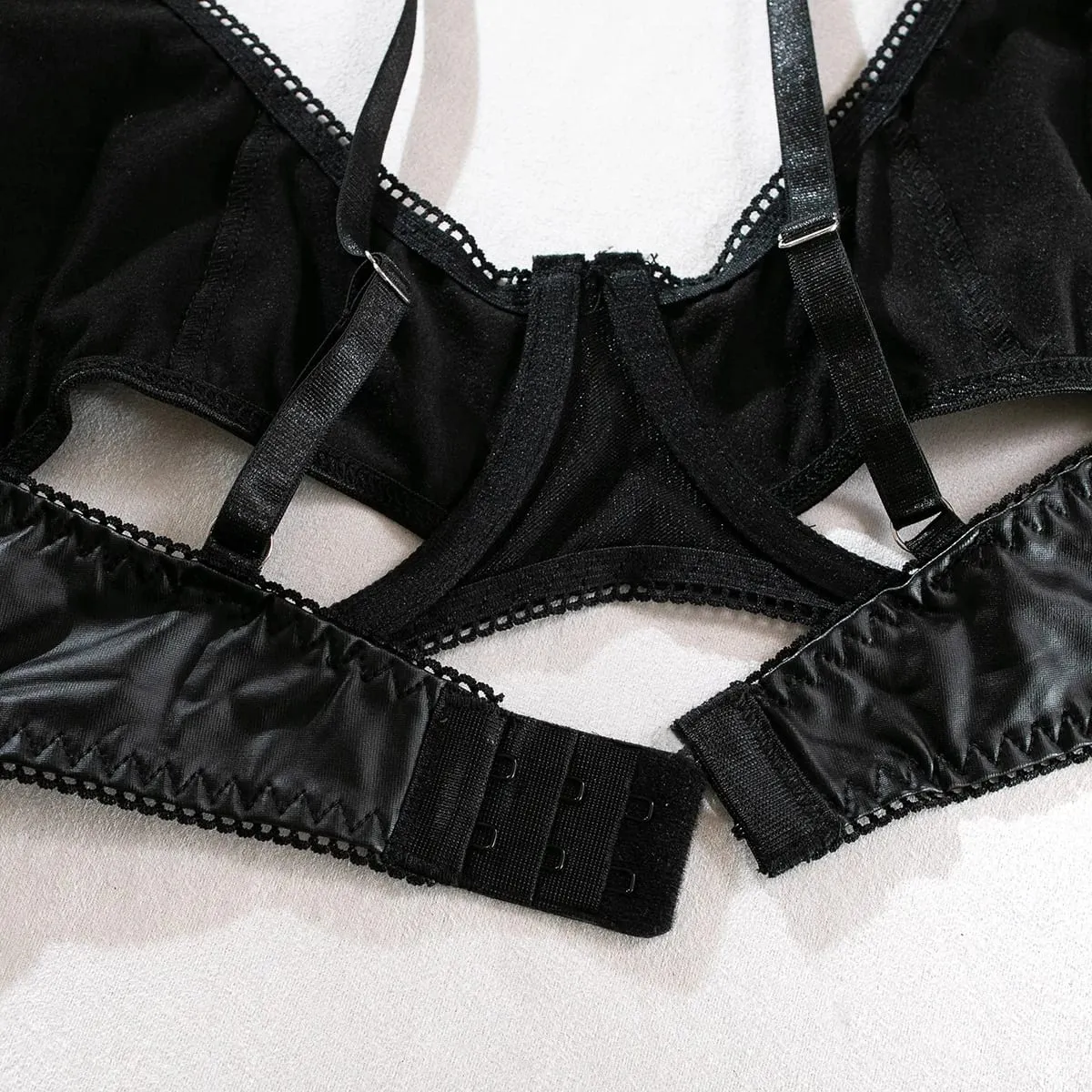 Sexy Hollow Out Leather Lingerie Set Women's Solid Simple Three Piece Underwear Set Female Sujetadores Transparente Para Mujeres