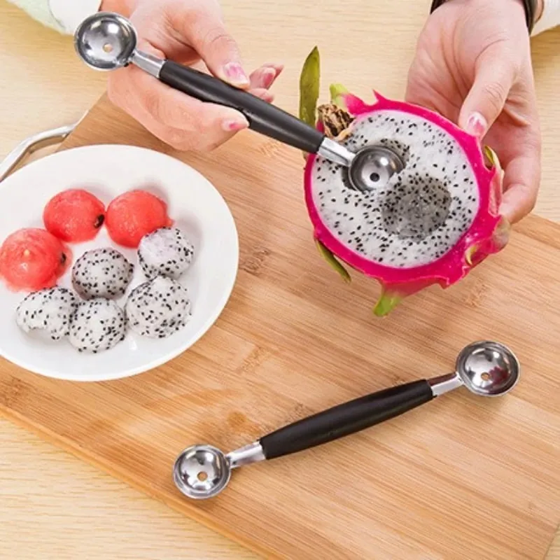 Colher de sorvete multifuncional de aço inoxidável, colher de sorvete de frutas de duas cabeças, melancia, escavador de bola, ferramentas de cozinha, 1 peça