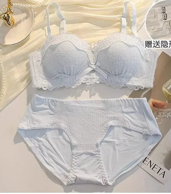 Novo conjunto de lingerie de renda sem fio sutiã acolchoado meia xícara pequeno busto impulso sexy anti-sag roupa interior feminina toda a temporada S-XLAB copo