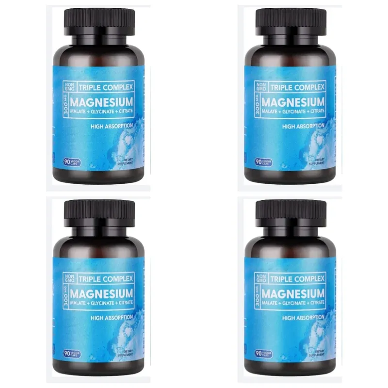 Complexo Triplo de Magnésio 300mg Malato Glicinato Citrato Suplemento Mineral Diário de Alta Absorção Vegano Não OGM 90 Cápsulas Vegetais