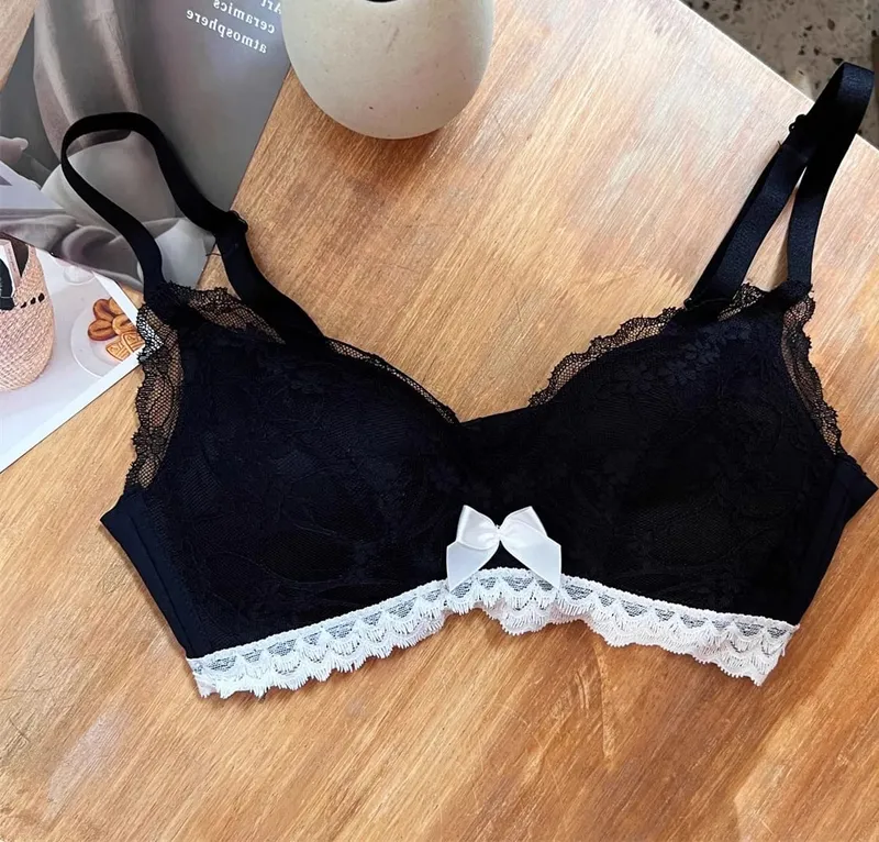 Sutiã de renda francesa sem fio push up bralette para busto pequeno alças ajustáveis ​​anti flacidez suporte sexy rendas até lingerie conjunto de calcinha