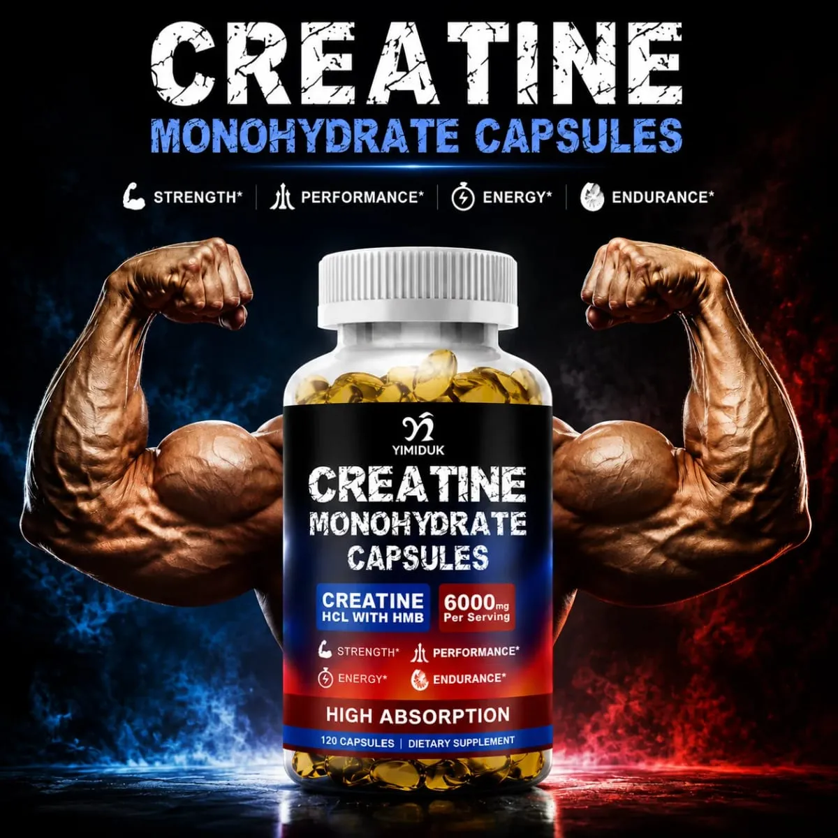 Suplemento de monohidrato de creatina com suporte HMB para recuperação muscular, aumento de energia celular, resistência, desempenho de fadiga muscular