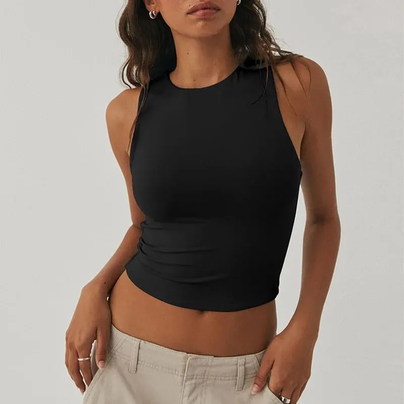 Sleeveless tight bottom shirt round neck I-shaped solid color top casual vest