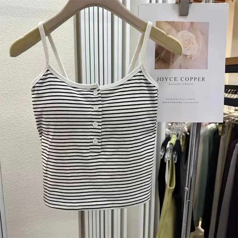 Colete feminino listrado integrado, roupa interna e externa, botão fixo, sem sutiã, top esportivo, estilo curto, algodão 100%, colete curto