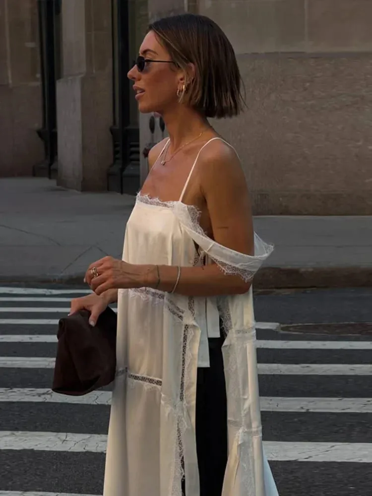 Sexy sólido rendas retalhos vestido feminino sem mangas estilingue alta divisão oco para fora vestidos senhora 2026 férias de verão feminino robe