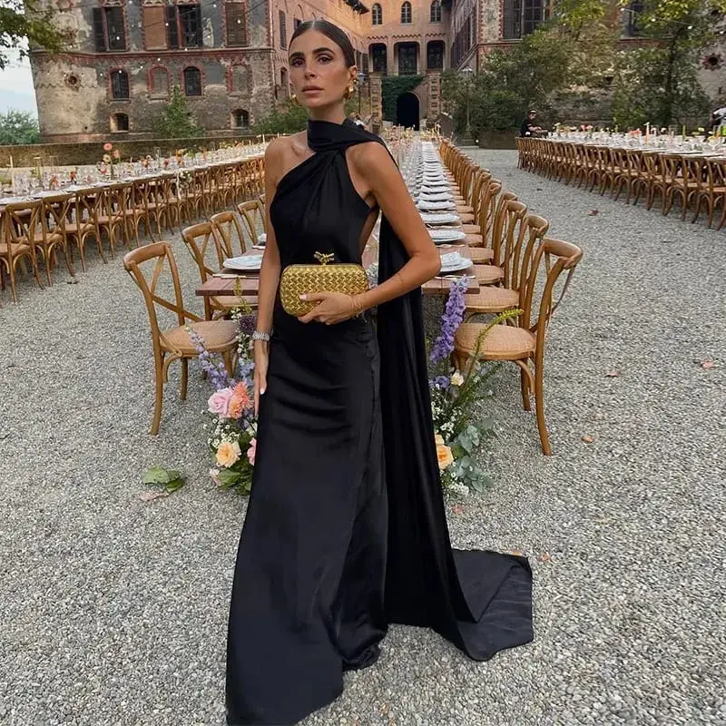 Ribbon Hanging Neck Long Dresses Slanted Shoulder Lace Up Backless Silky Satin Temperament Slim Fit Halter Woman Fishtail Dress