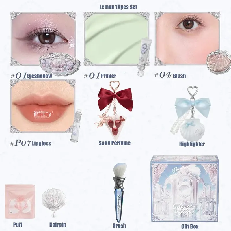 Conjunto completo de maquiagem flor sabe, conjunto completo de cosméticos com conchas de pérola, brilho labial, blush para bochecha, iluminador, caixa de presente, kit de maquiagem