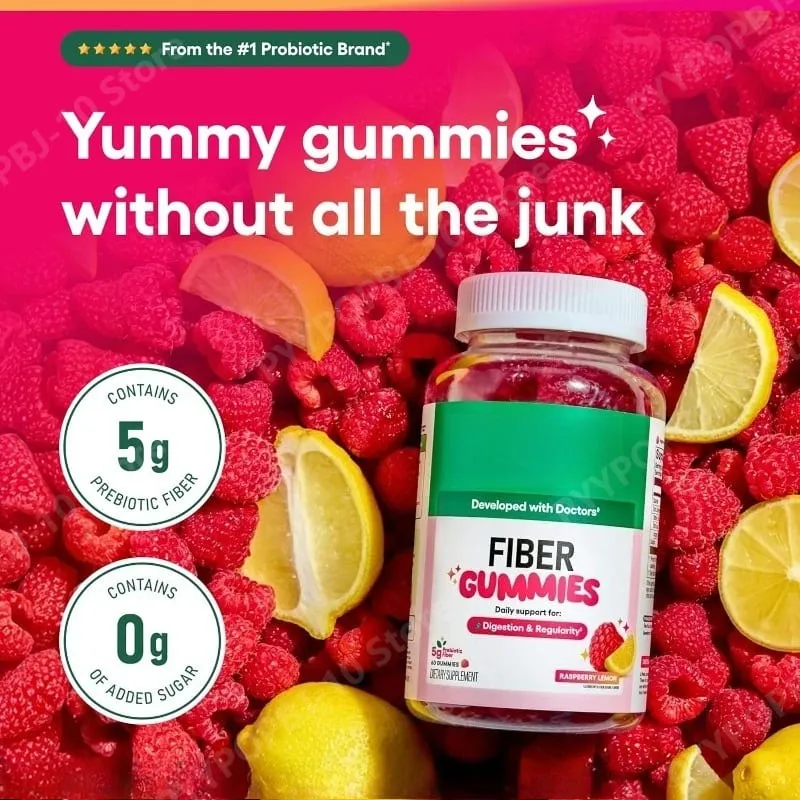 Fiber Gummies Digestive Health Regularity Raspberry Lemon Flavor No Sugar Added Vegan Chicory Root Prebiotic 60CT Adults