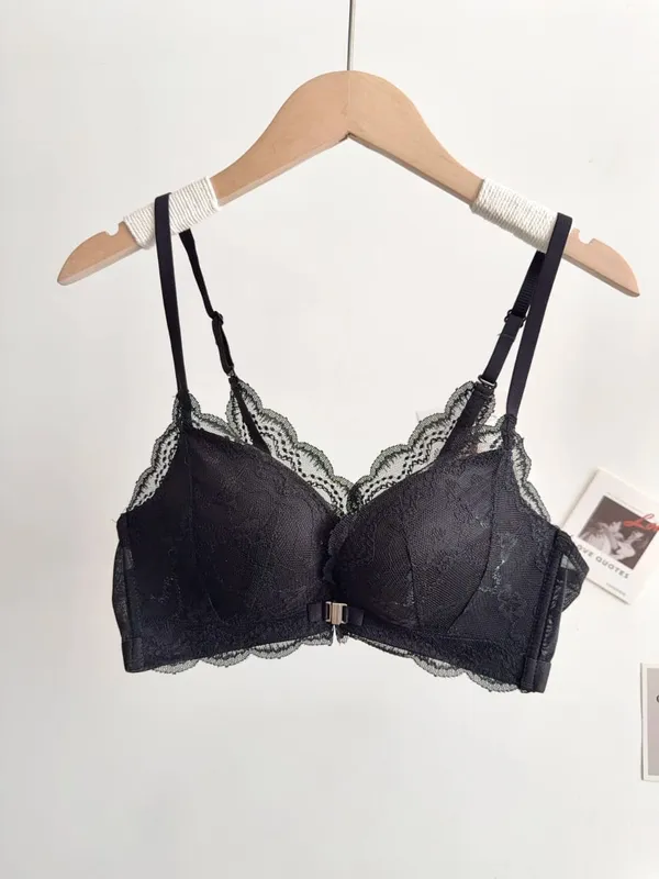 Feminino pequeno busto conjunto de sutiã de renda fechamento frontal sem fio bonito volta push‑up sutiã macio diário lingerie tamanho 32‑38ab