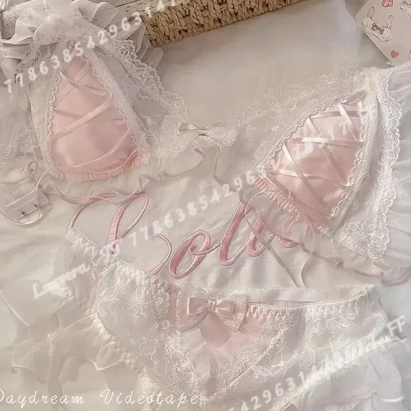 Lolita estilo fino renda triângulo copo conjunto de sutiã para mulher bonito pequeno busto lingerie sexy roupa interior