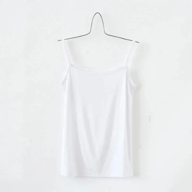 Feminino cor sólida cintas de espaguete sem mangas camisola fina com almofada no peito algodão verão wear fora feminino curto topos coletes