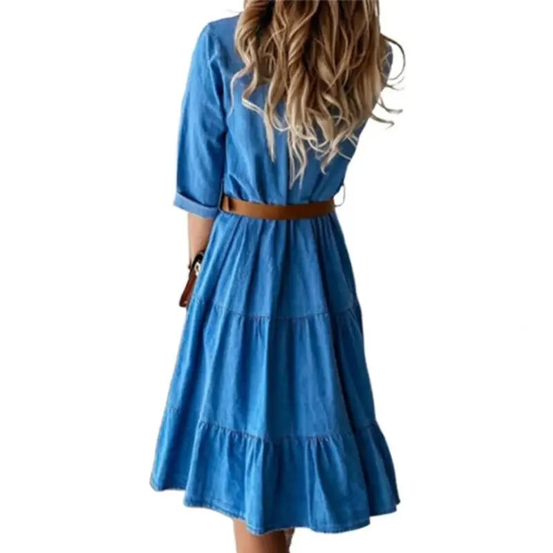 Vestido jeans manga três quartos com cinto gola virada para baixo primavera outono botões babados vestidos jeans para mulheres 2025