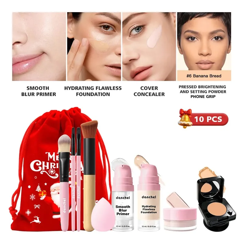 10 pçs conjunto de maquiagem primer fundação corretivo configuração pó pincéis de maquiagem beleza esponja rosto cheio kit cosméticos presente natal