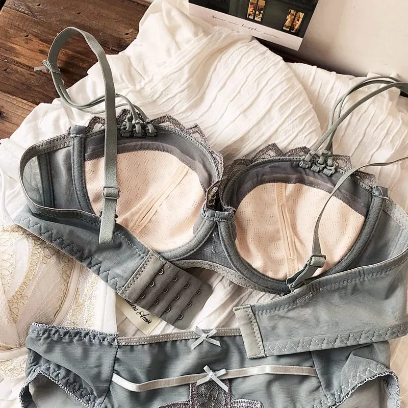 Sexy bordado renda concha meia xícara seios pequenos push up sutiã conjunto engrossar almofada ajustável sutiã calcinha meninas roupa interior