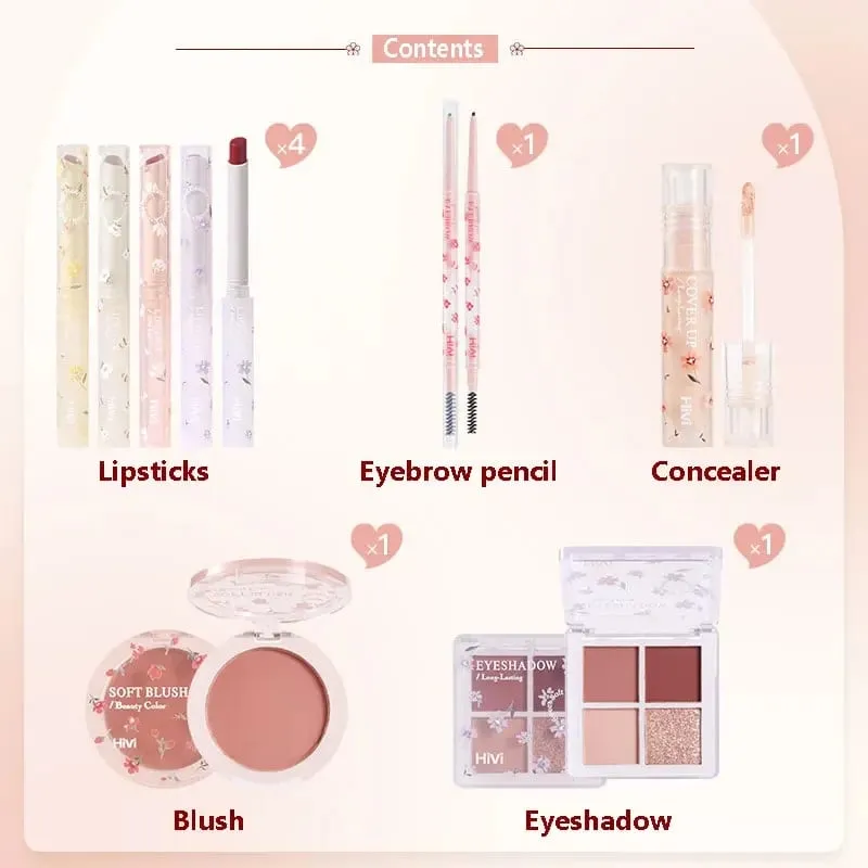 Kit de maquiagem à prova d'água, 8 peças, batom, lápis de sobrancelha, corretivo, blush, paleta de sombra, cosméticos coreanos, conjunto completo para mulheres