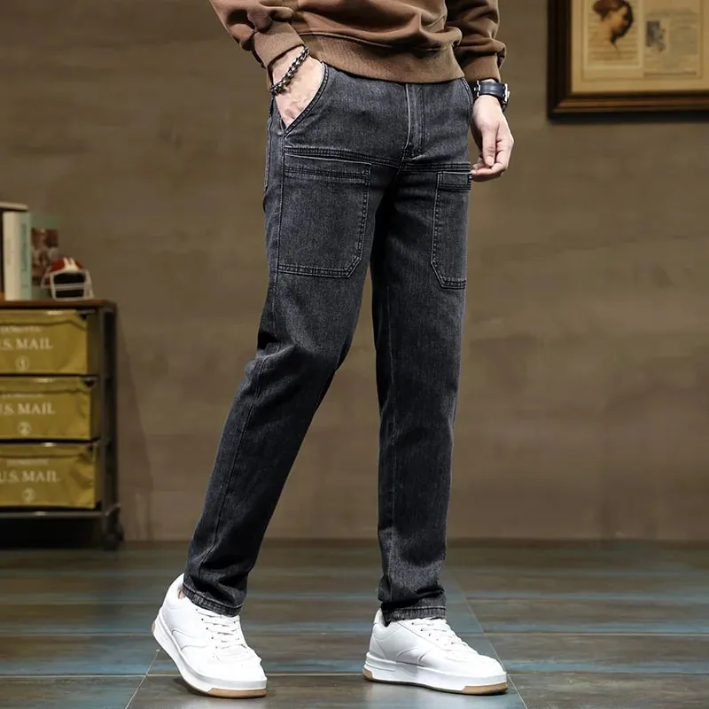 Versatile Six-Pocket Design Jeans Men's Loose Straight Leg Pants Stretchy Comfortable for Outdoor Hiking Activities All Seasons