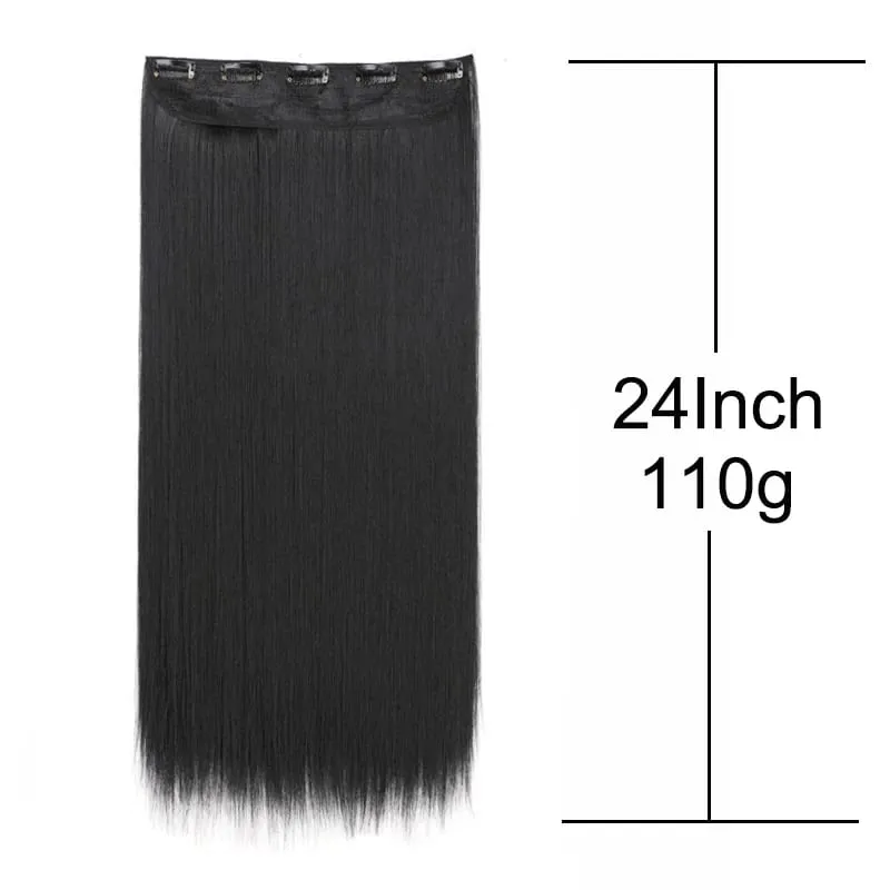 Extensões de cabelo invisíveis sintéticas de 5 clipes de uma peça longa e reta 24 polegadas resistente ao calor para mulheres