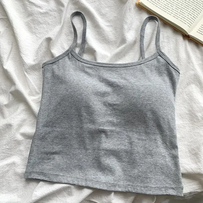 Camisola fina sem mangas com alças de cor sólida feminina com almofada no peito confortável, top diário para viagem dentro do colete de algodão esportivo