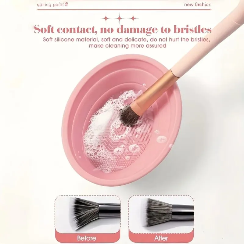 Escova de maquiagem de silicone dobrável, tigela, purificador texturizado para pincéis, esponjas, ferramenta de lavagem de viagem, compacto