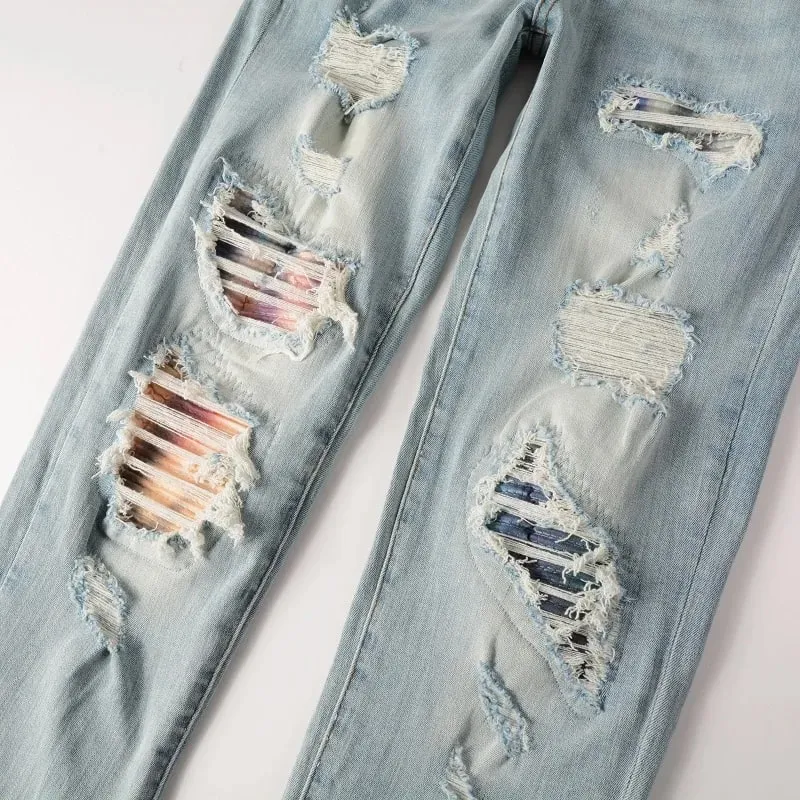 Homens rachados remendo estiramento jeans buracos rasgados retalhos calças streetwear azul claro magro calças cônicas