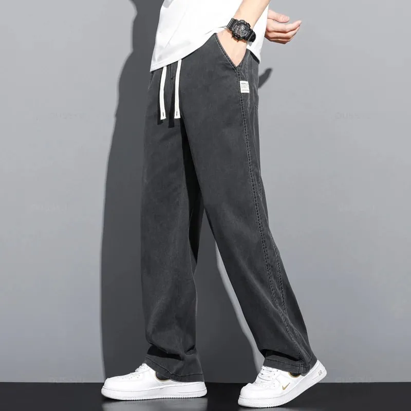 Summer Thin Soft Lyocell Fabric Jeans Men Loose Straight Wide Leg Pants Drawstring Elastic Waist Casual Trousers Plus Size M-5XL