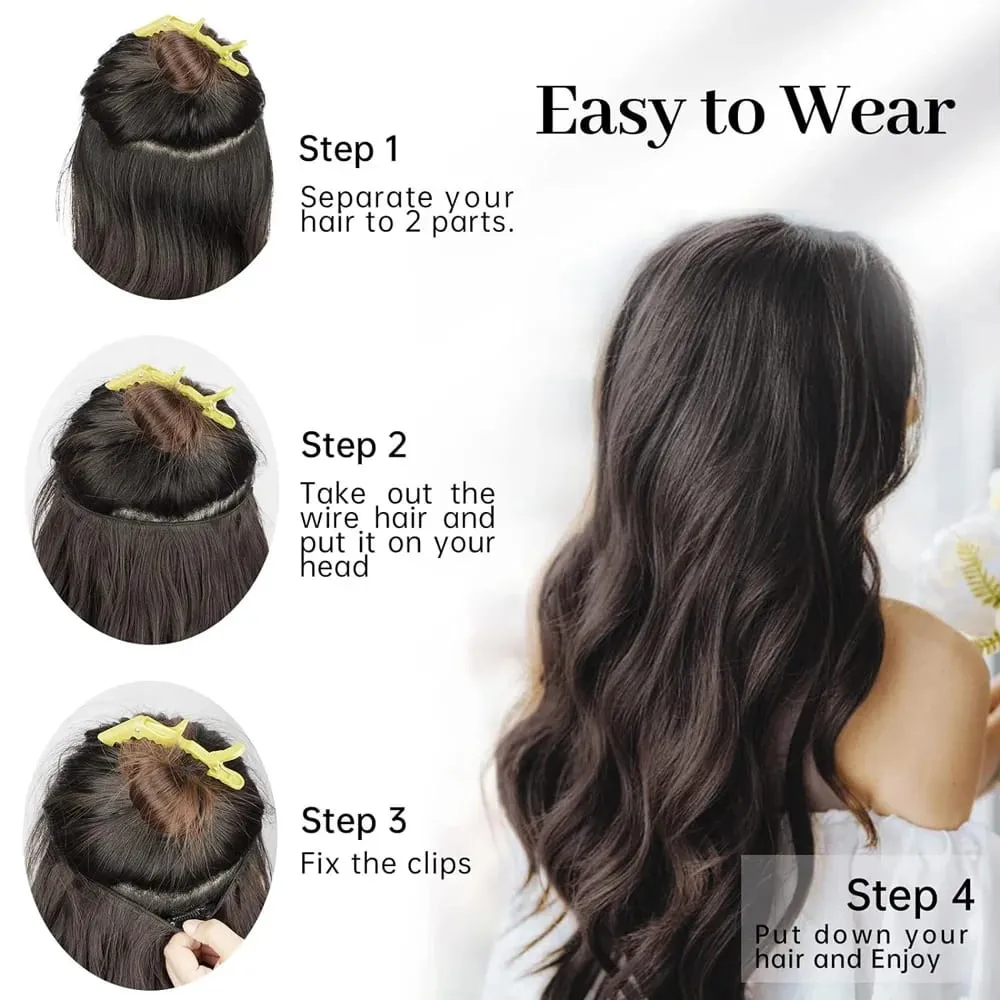 Black Halo Hair Extensions with Invisible Wire Adjustable Size 22inch Long Synthetic Wavy Curly Hairpieces for Women No Clip