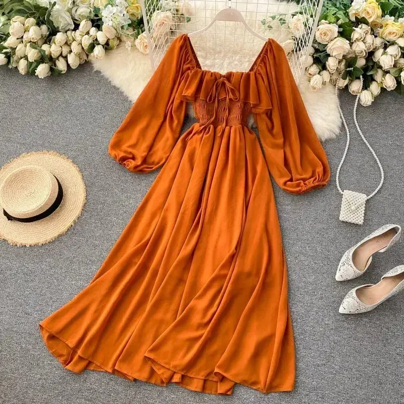 Chic elegante gola quadrada maxi vestido feminino sólido chiffon puff manga vestidos 2026 praia festa robe vintage plissado vestidos y2k