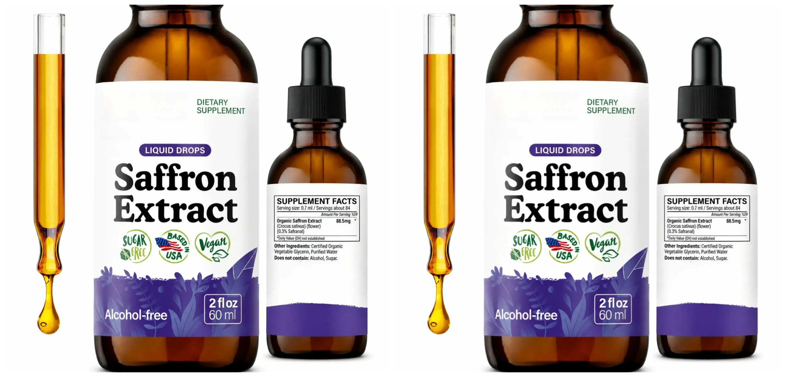 Extrato líquido de açafrão orgânico cai suplemento de ervas à base de plantas vegan açúcar sem álcool 60ml suplementos diários de saúde