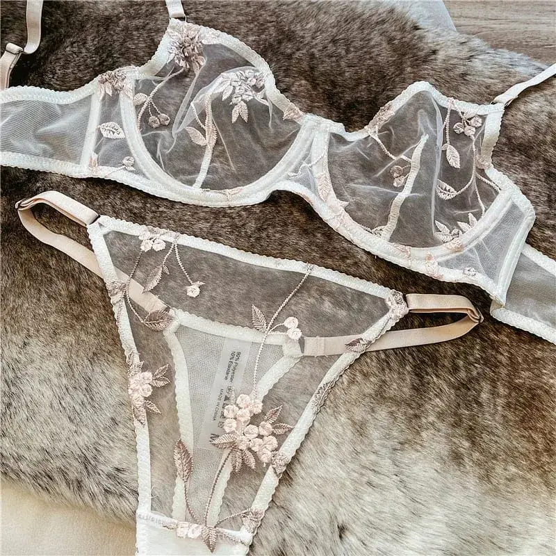 Conjunto de lingerie com armação de apoio, sutiã e cuecas de malha pura, renda bordada sexy, copo demi ultrafino, presente anti-sag, data para ela